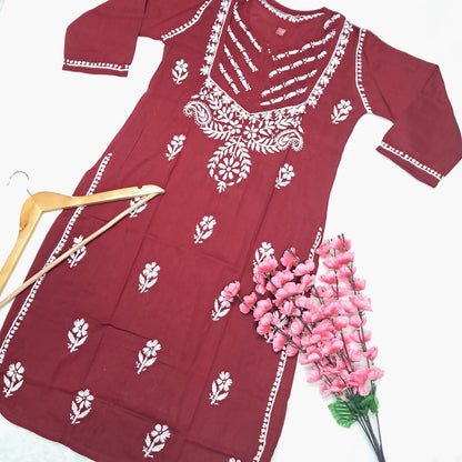 Adiva Pure Cotton Chikankari Handwork Kurti - Maroon Colour