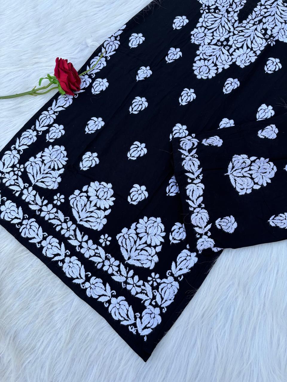 Rida Rayon Handwork Chikankari Kurti Set -Black White Colour