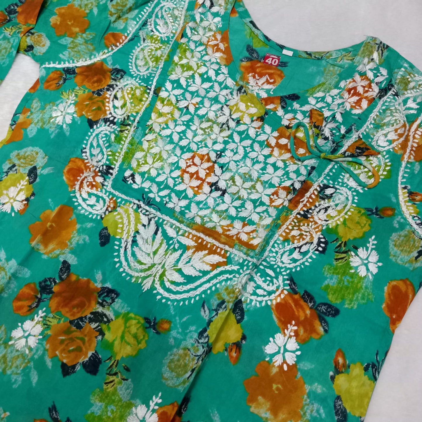 Masooma Mulmul Floral Printed Chikankari Handwork Kurti - Sea Green Colour