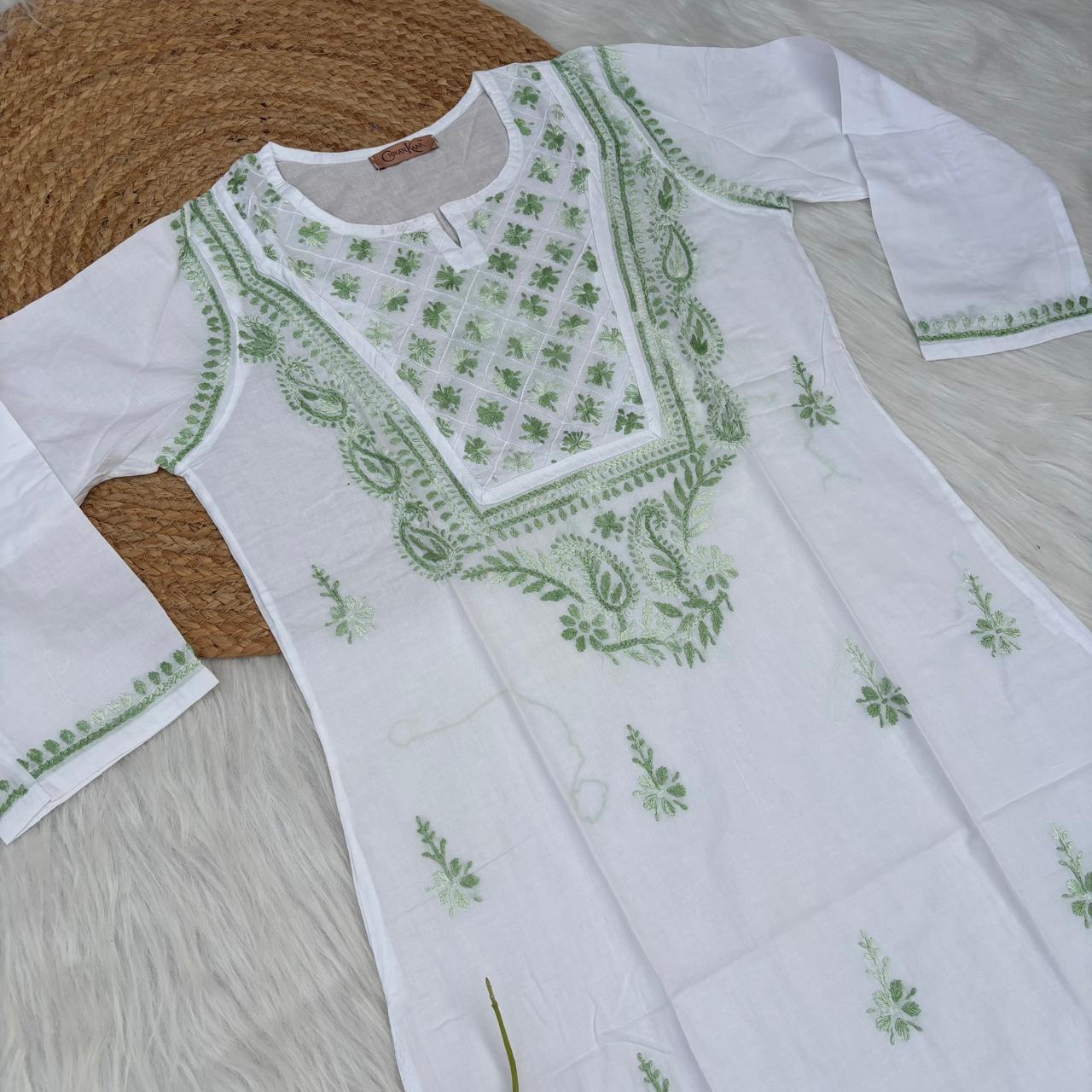 Zoya Cotton Lucknowi Chikankari Kurti - Parrot Green Color