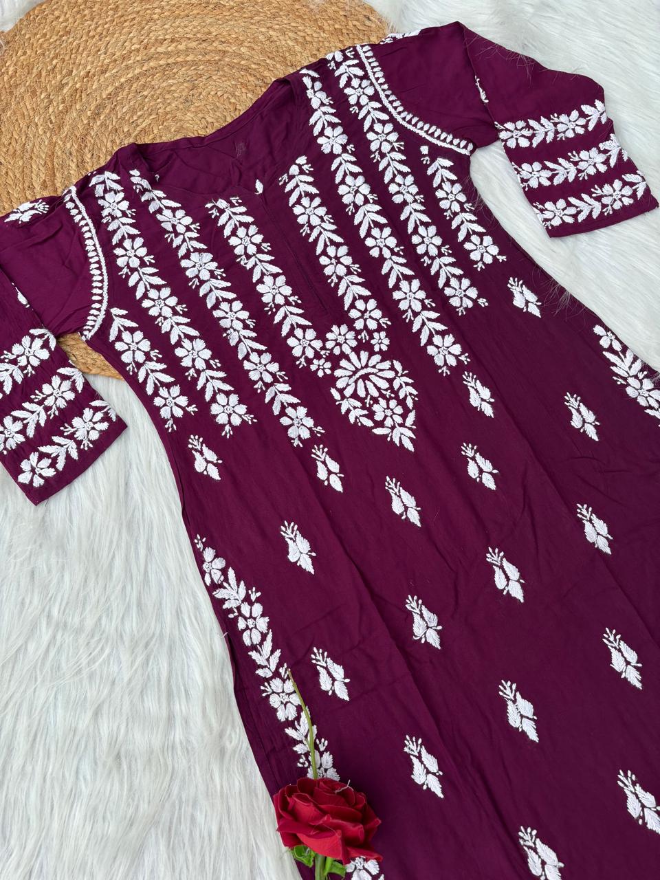 Zoobia Soft Rayon Handwork Chikankari Kurti - Wine Colour