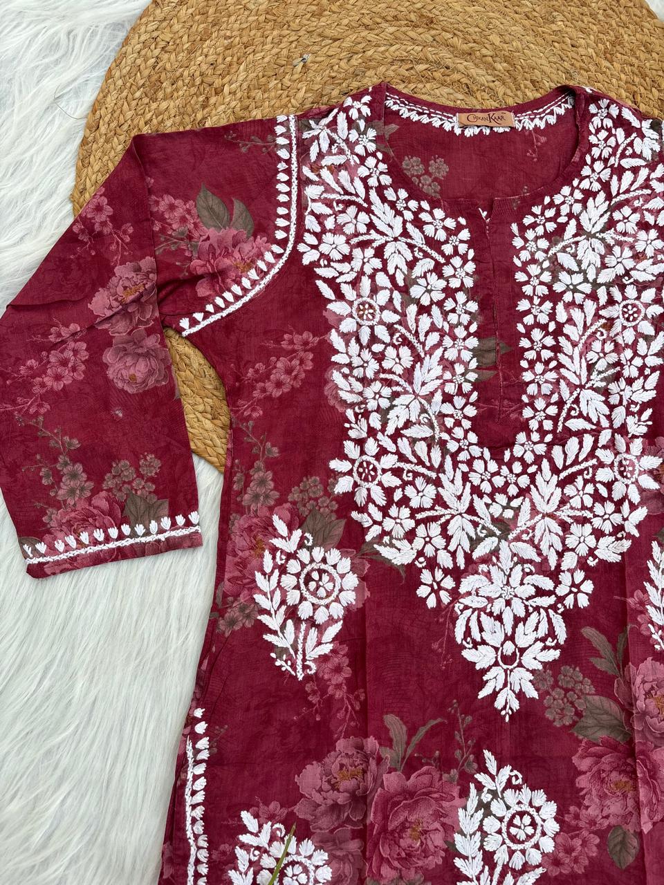 Zaina Pure Mulmul Chikankari Handwork Kurti - Red Colour