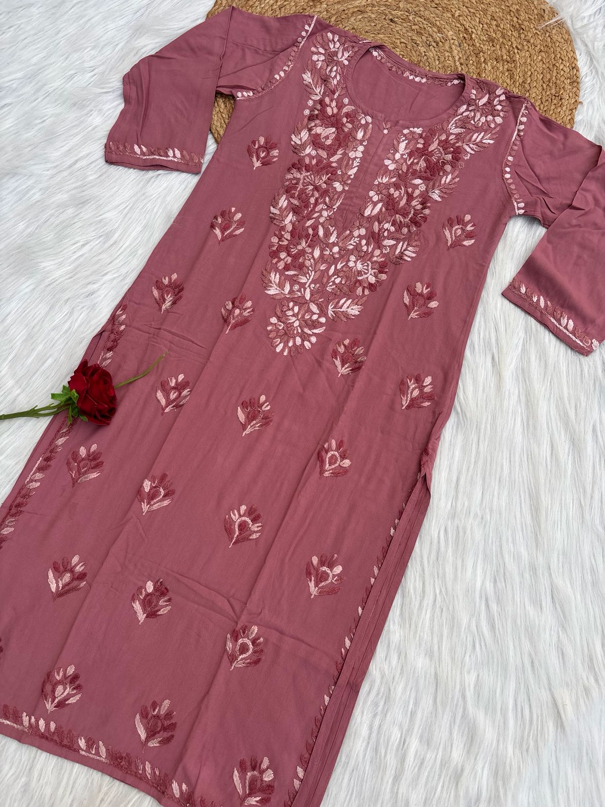 Roohi Rayon Tone To Tone Lucknowi Handwork Chikankari Kurti - Mauve Pink Color