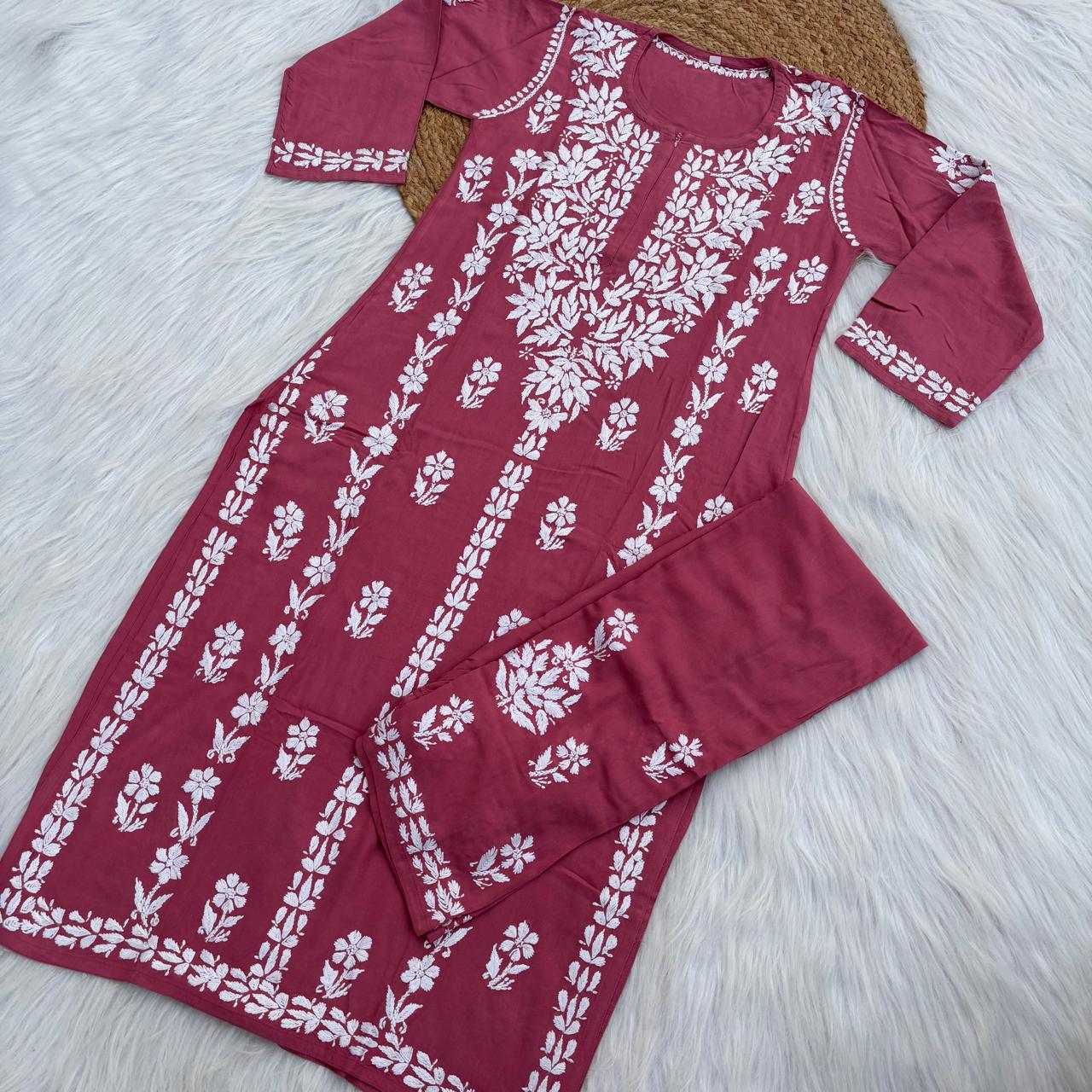 Samara Rayon Handwork Chikankari Kurti Plazo Set - Gazri Colour