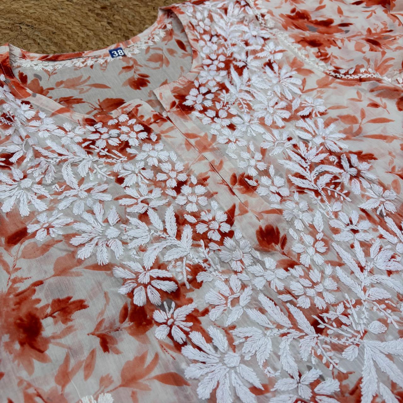 Amara Pure Mulmul Chikankari  Handwork Kurti -Orange Colour