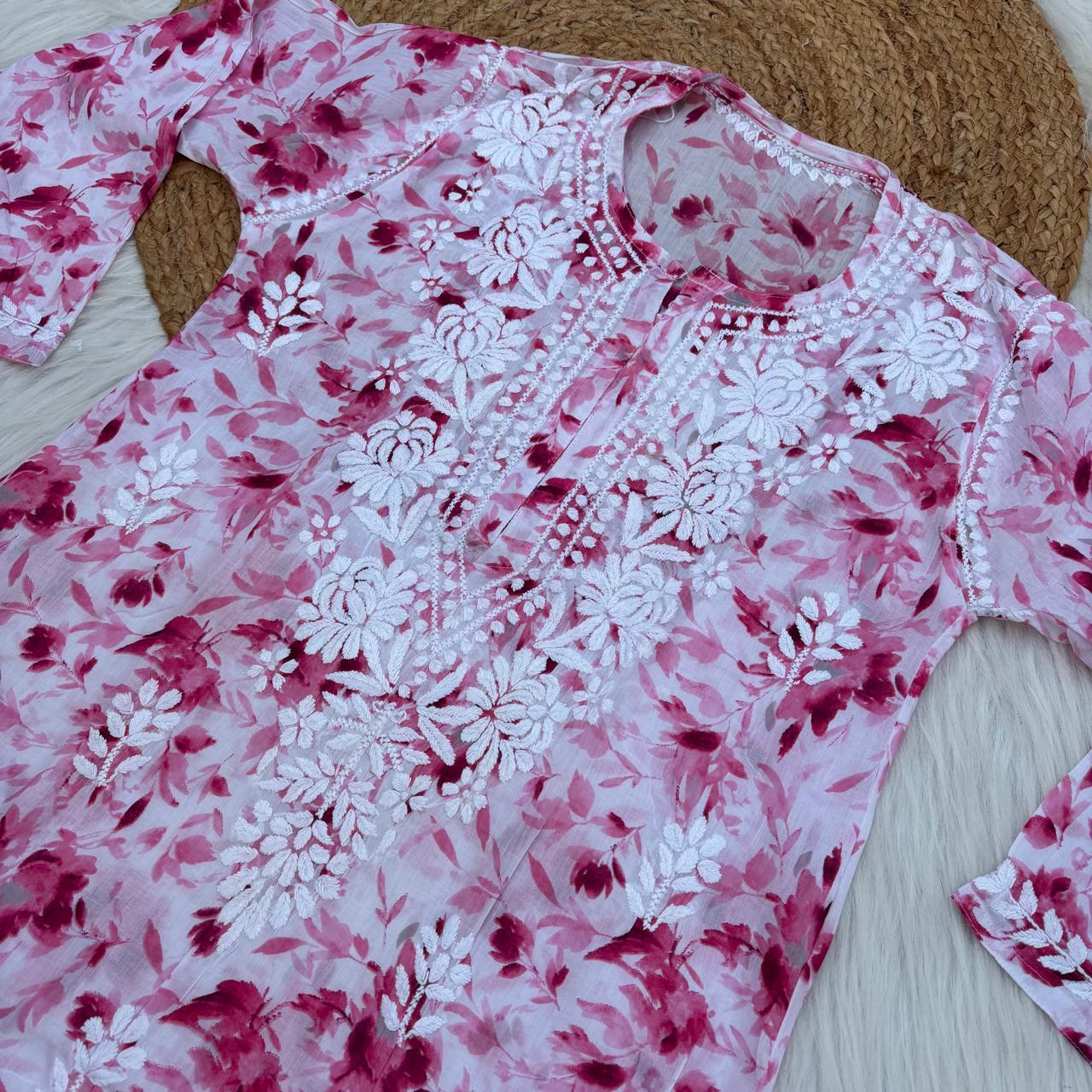 Aaliyah Mulmul Cotton Chikankari Kurti Set - Pink Colour