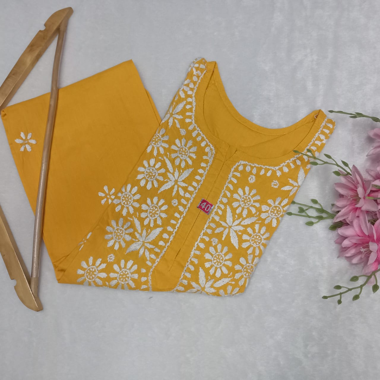 Pure Cotton Chikankari Handwork Kurti - Yellow Colour