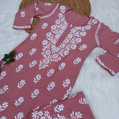 Maya Rayon Chikankari Kurti Plazo Set - Blush Colour