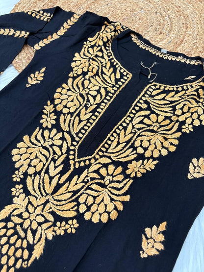 Shifa Soft Rayon Lucknowi Chikankari Kurti - Black Yellow Color