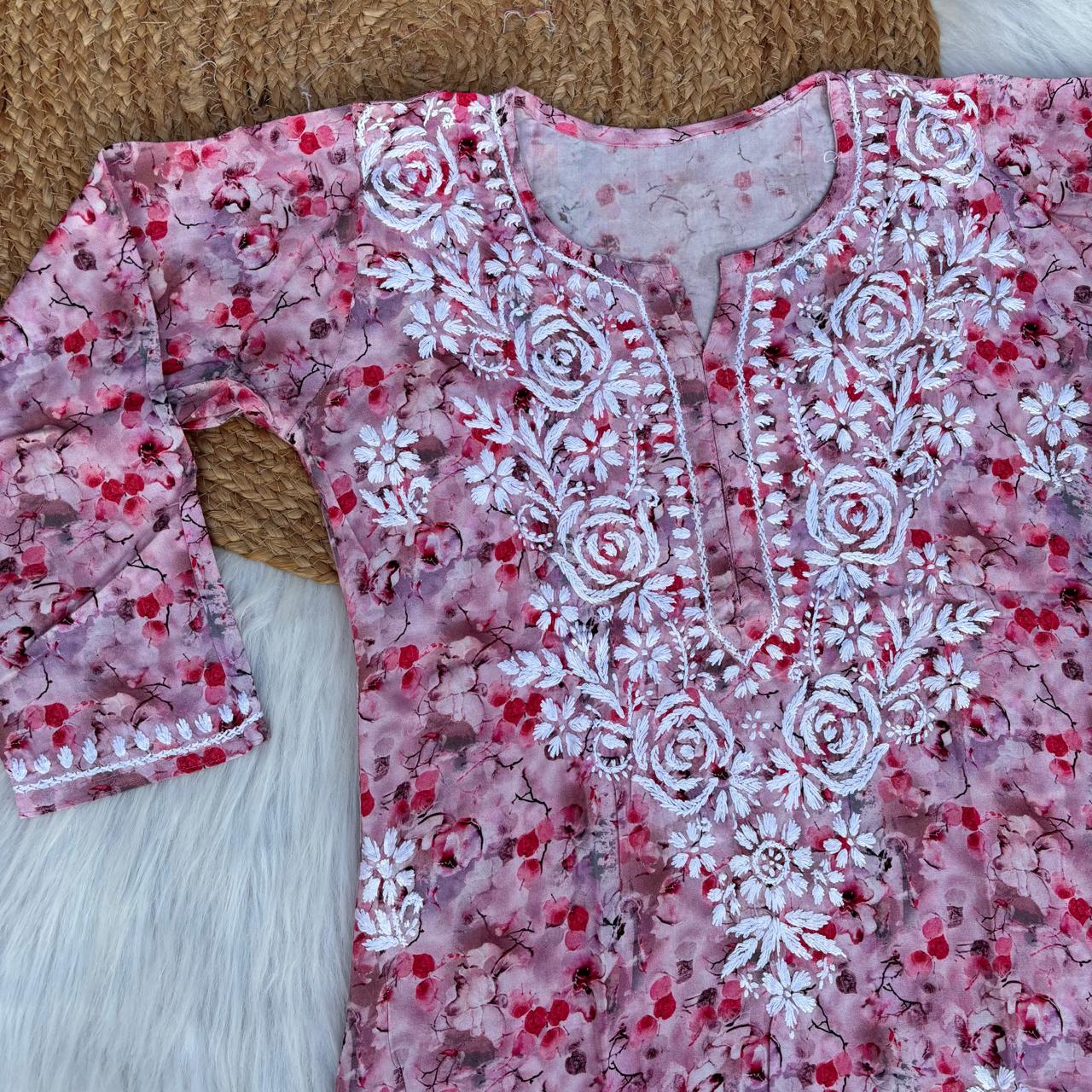 Hina Rayon Rose work Lucknowi Chikankari kurti - Blush Colour