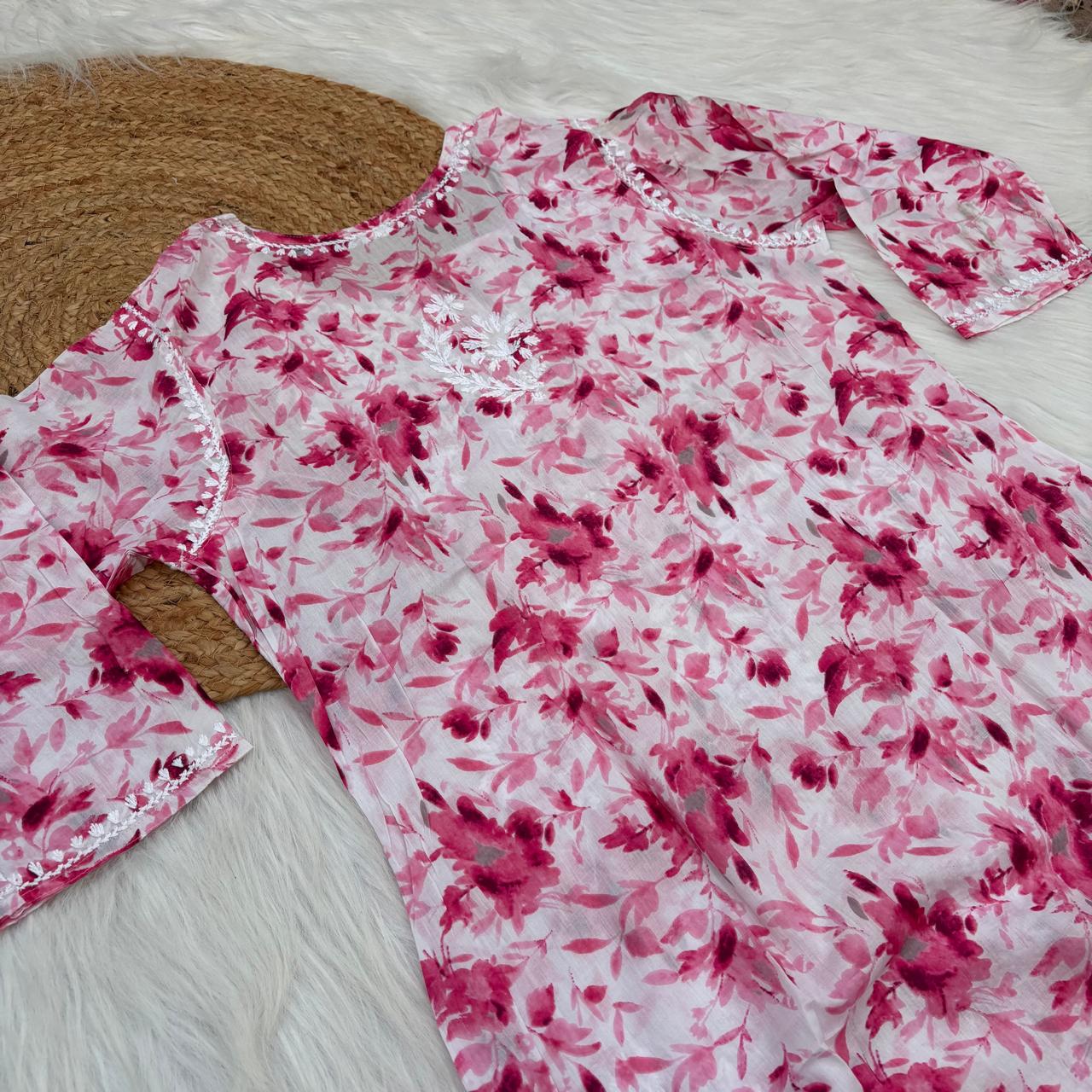 Amara Pure Mulmul Chikankari  Handwork Kurti -Pink Colour