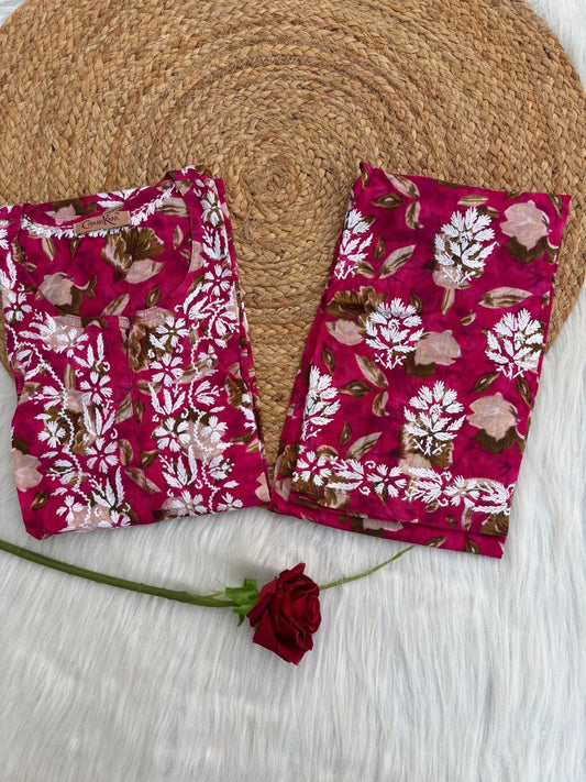 Elena Mulmul Cotton Handwork Chikankari Kurti Set - Rani Colour