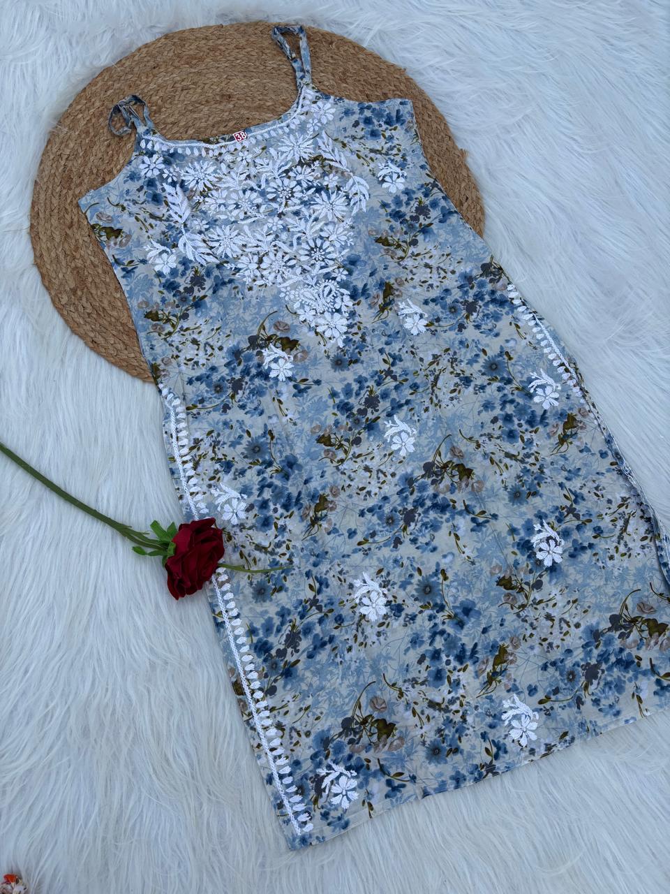 Hana Mulmul Chikankari Noodle Strap Short Kurti - Blue colour (Length - 38")