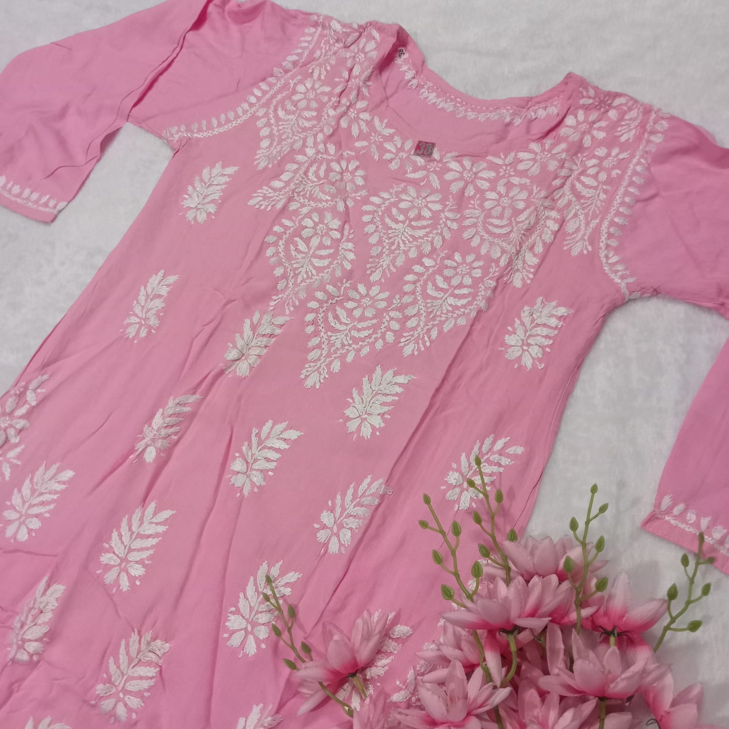 Boat Neck Rayon Chikankari Kurti -Baby Pink