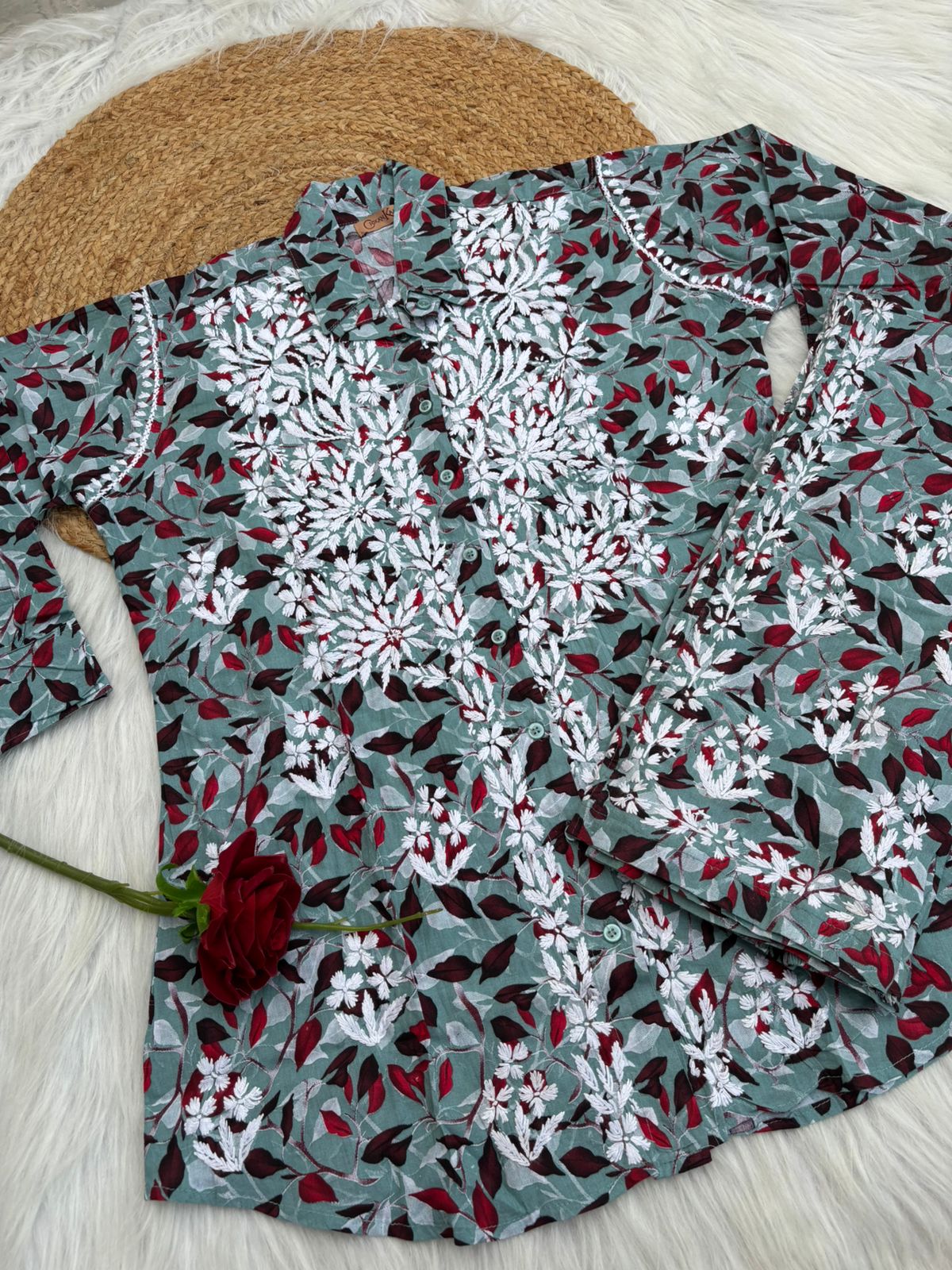 Mulmul Cotton Lucknowi Chikankari Coord Set - Muted Blue Colour