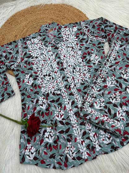 Ziya Mulmul Cotton Lucknowi Chikankari Shirt Coord Set - Muted Blue Colour