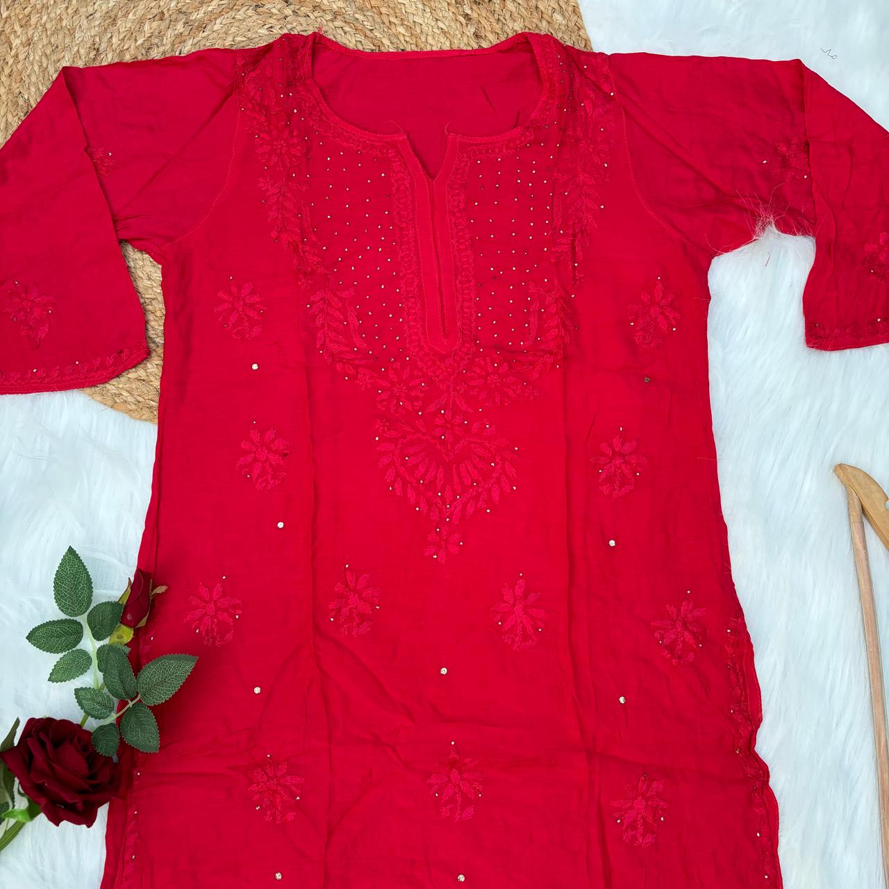 Rakul Preet Inspired Chikankari Muslin Kurti with Mukaish Work - Red Colour