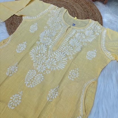 Isha Slub Cotton Chikankari Kurti - Yellow colour