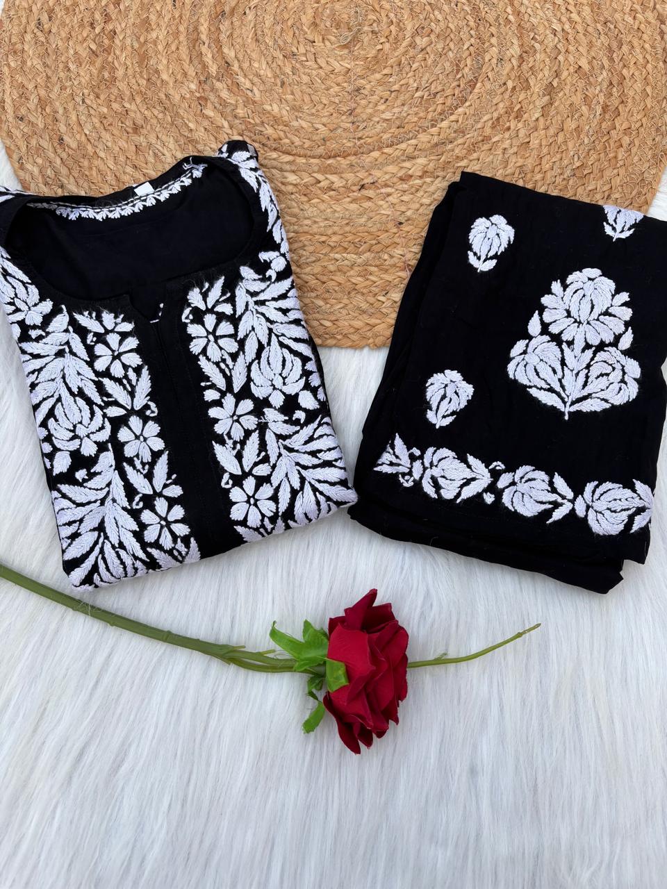 Rida Rayon Handwork Chikankari Kurti Set -Black White Colour
