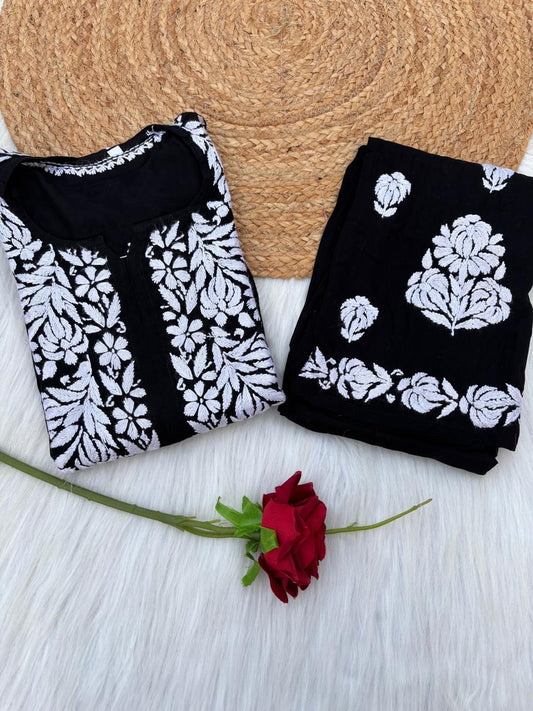 Ishika Rayon Handwork Chikankari Kurti Set -Black White Colour