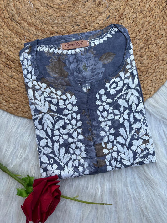 Zaina Pure Mulmul Chikankari Handwork Kurti - Grey Colour