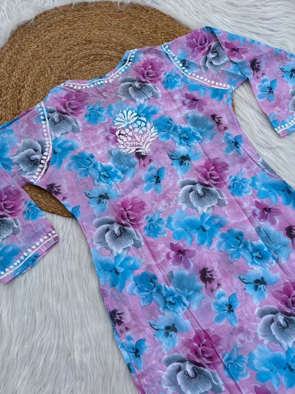 Najma Pure Mulmul Chikankari Handwork Kurti - Purple Colour