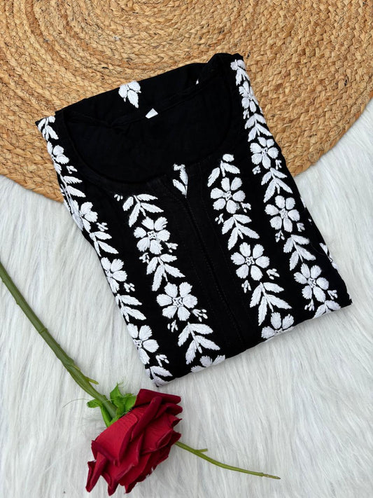 Zoobia Soft Rayon Handwork Chikankari Kurti - Black Colour
