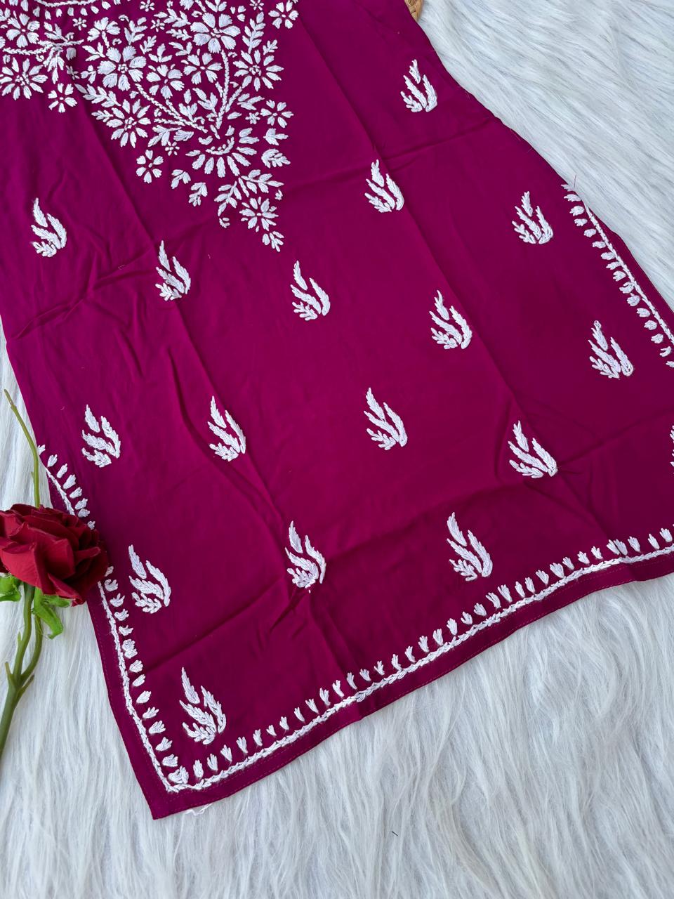 Ayla Rayon Handwork Chikankari Noodle Strap Short Kurti - Wine Colour