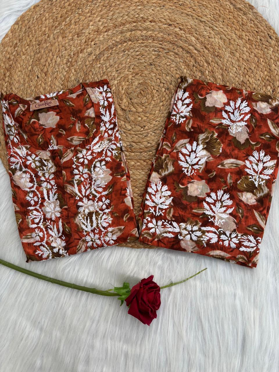 Elena Mulmul Cotton Handwork Chikankari Kurti Set - Terracotta Colour