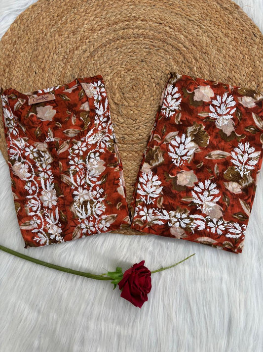 Elena Mulmul Cotton Handwork Chikankari Kurti Set - Terracotta Colour