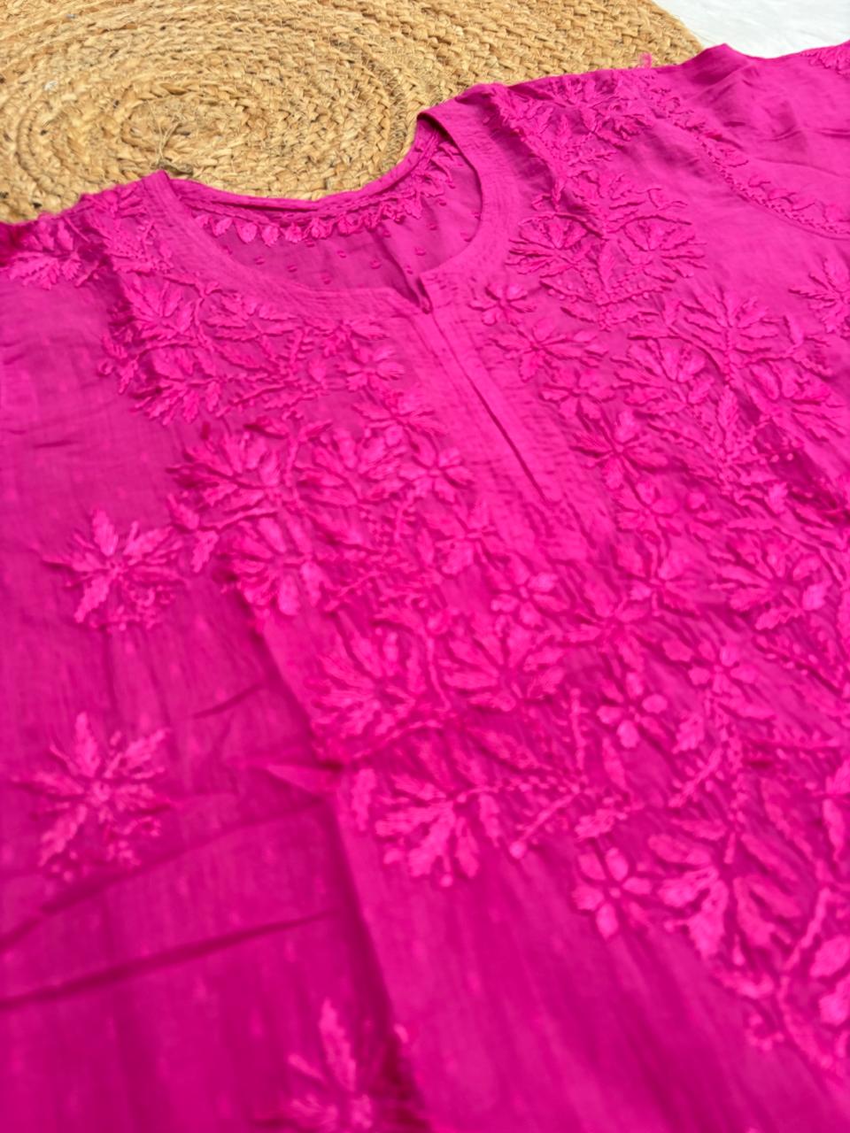 Ziva Soft Dobby Cotton Lucknowi Handwork Chikankari Short Kurti - Rani Colour