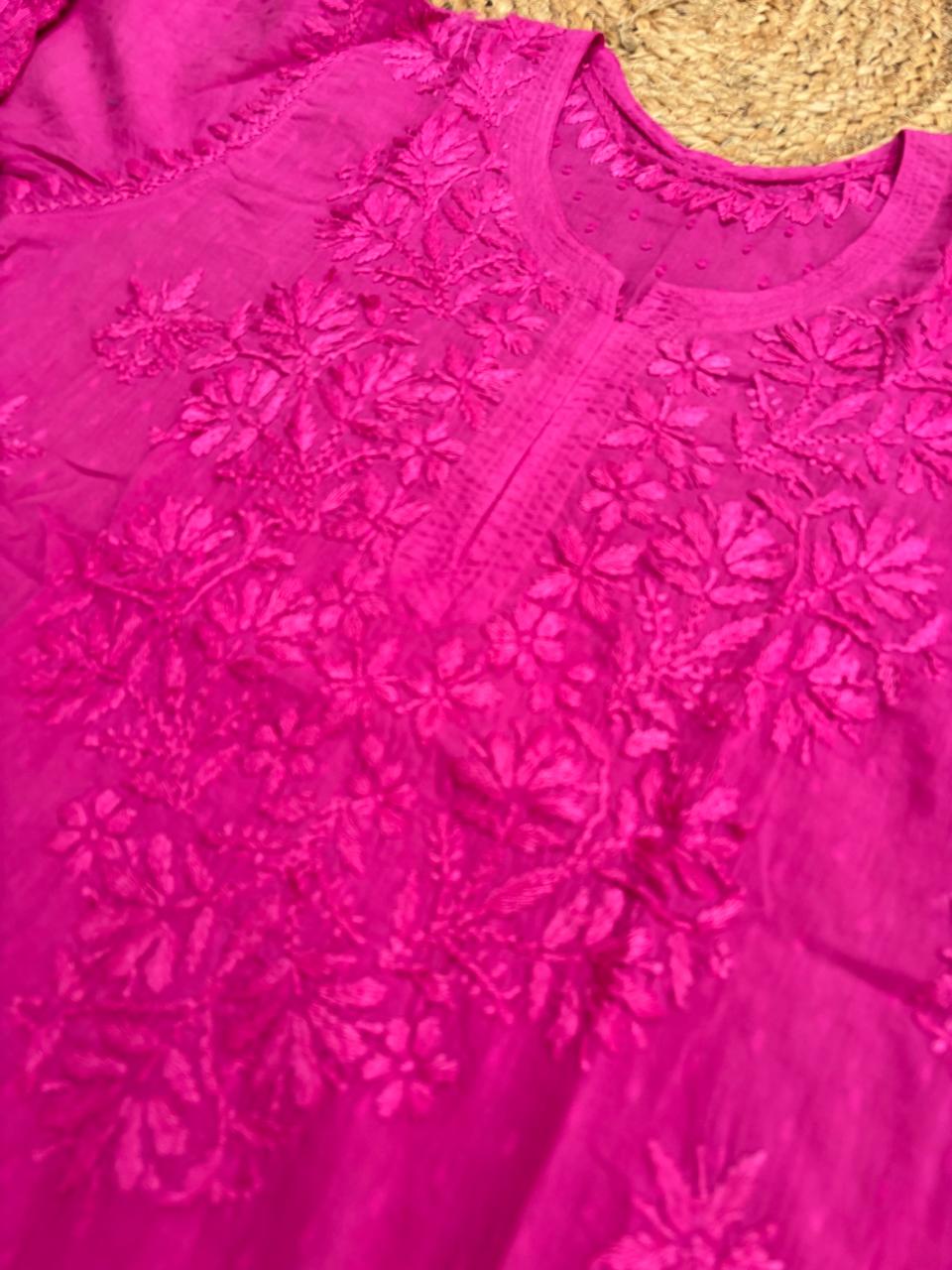 Ziva Soft Dobby Cotton Lucknowi Handwork Chikankari Short Kurti - Rani Colour