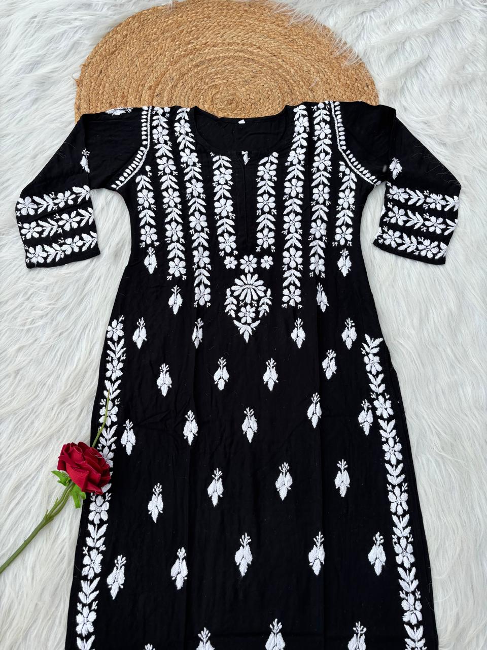 Zoobia Soft Rayon Handwork Chikankari Kurti - Black Colour