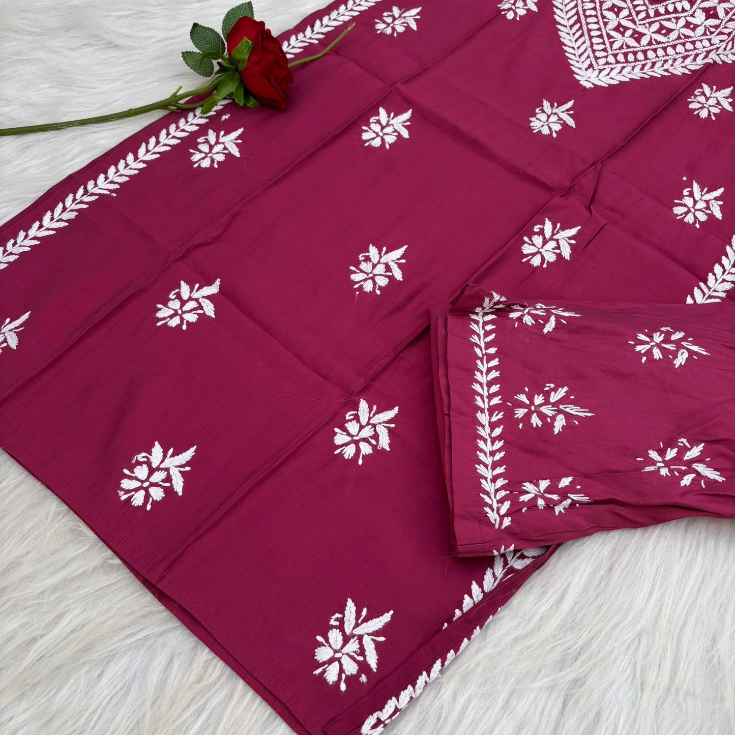 Afana Silk Chikankari Kurti Plazo set Rani Colour