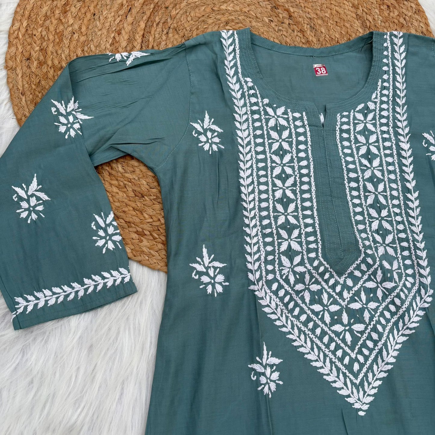 Afana Silk Chikankari Kurti Plazo set T Green Colour