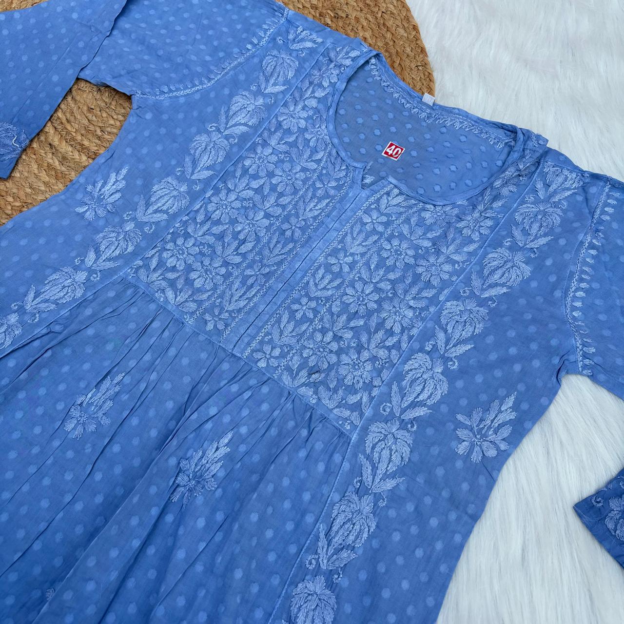 Aliya Dobby Cotton Nyra Cut Chikankari Aline Kurti - Ocean Blue