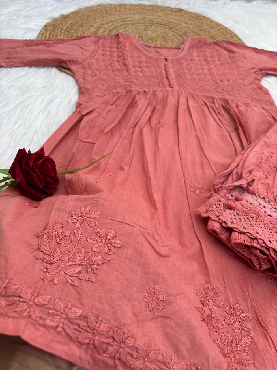 Laila Dobby Cotton Frock Style Short Kurti with Afghani Pant - Peach Color