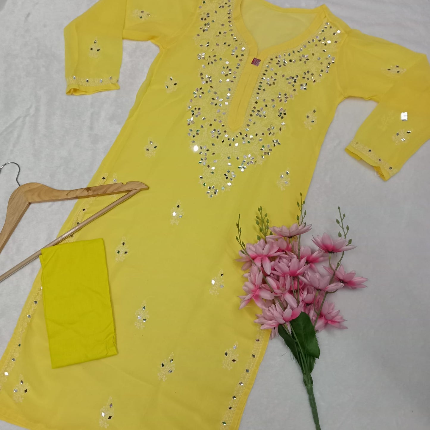 Georgette Mirror Work Chikankari Kurti With Inner - Yellow Colour