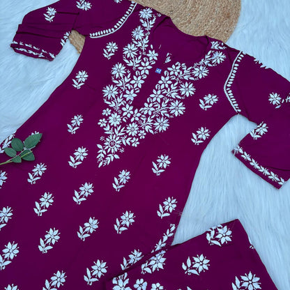 Maya Rayon Chikankari Kurti Plazo Set - Wine Colour