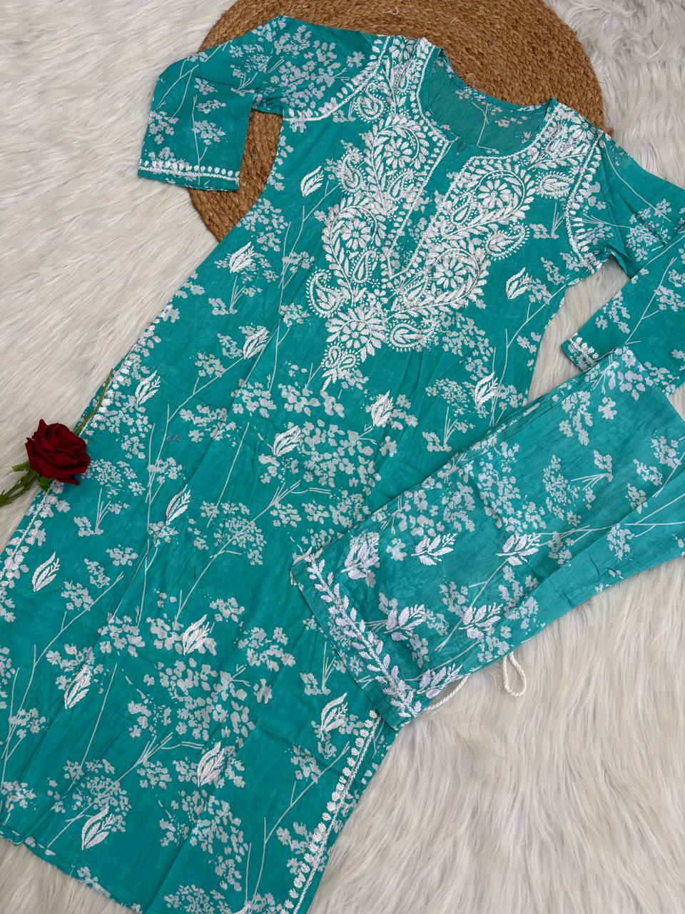 Jiya Mulmul Cotton Handwork Chikankari Kurti Set - Sea Green Colour