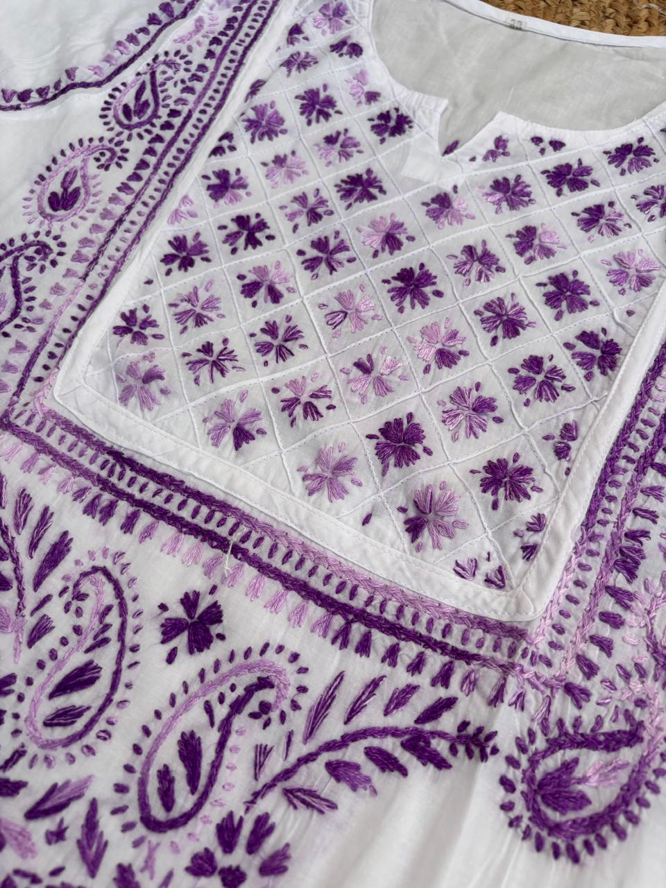 Zoya Cotton Lucknowi Handwork Chikankari Kurti - White Purple Colour