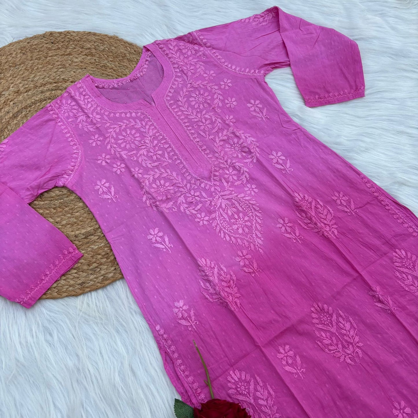 Tuba Ombre Shaded Dobby Cotton Chikankari Kurti - Pink Colour