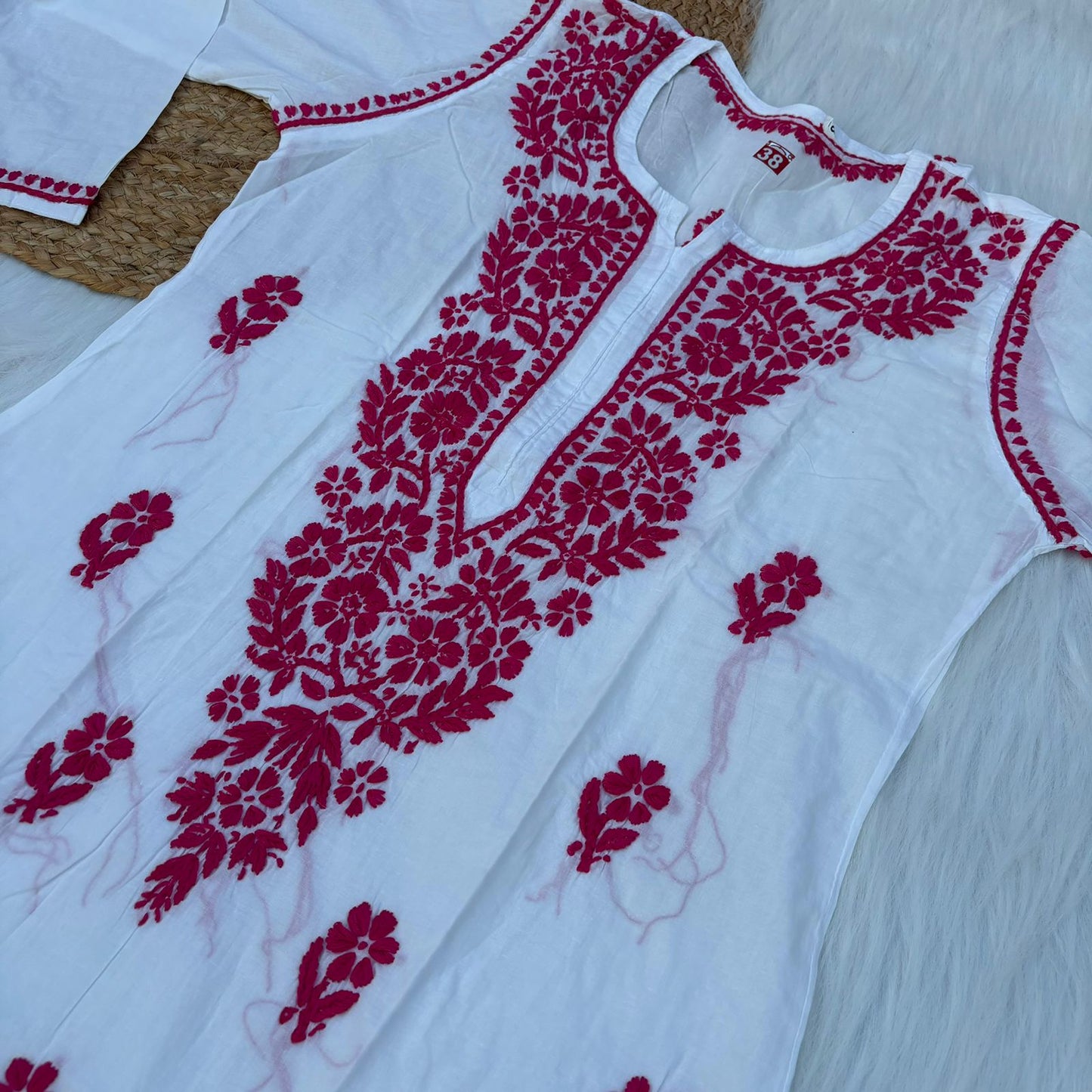 Shazana Pure Cotton Chikankari Kurti - Rani Colour