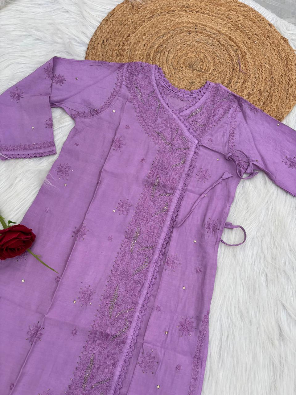 Naaz Chanderi Angrakha style Chikankari Kurti with Mukaish work - Purple Color