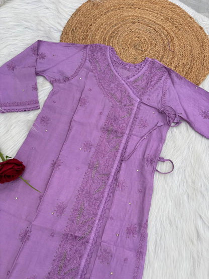 Naaz Chanderi Angrakha style Chikankari Kurti with Mukaish work - Purple Color