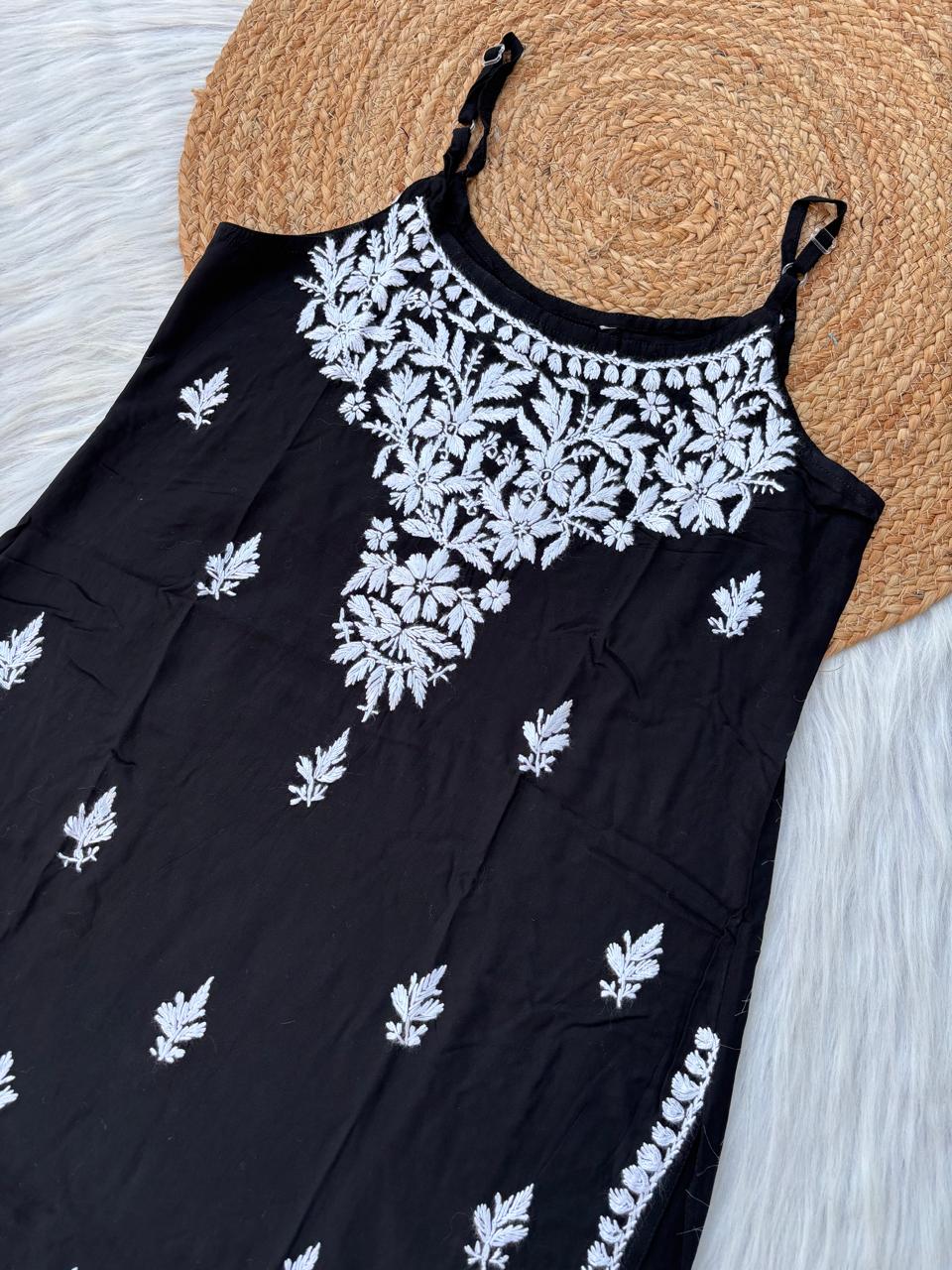 Ayla Rayon Handwork Chikankari Noodle Strap Short Kurti - Black Colour