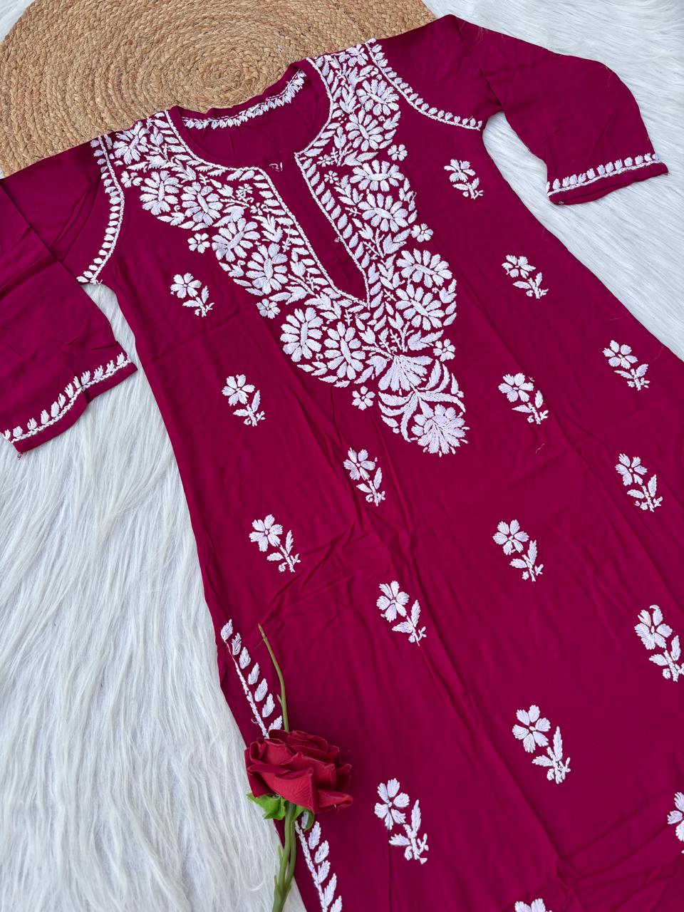 Hiba Soft Rayon Handwork Chikankari Kurti - Maroon Colour