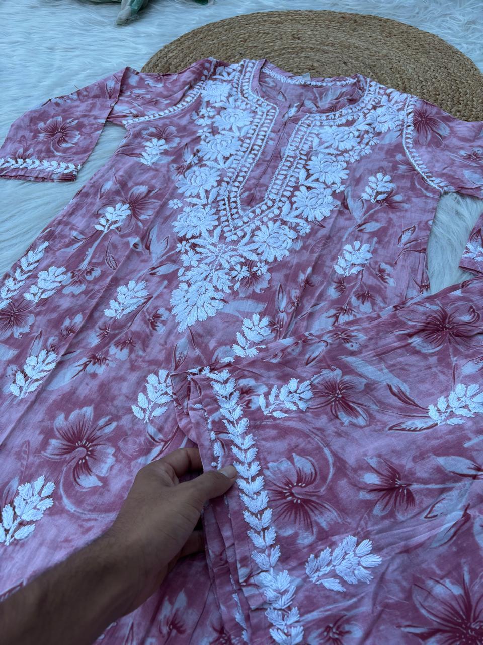 Shazia Mulmul Cotton Chikankari Kurti Set - Pink Colour