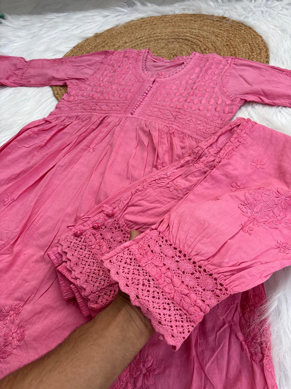 Laila Dobby Cotton Frock Style Short Kurti with Afghani Pant - Gazri Color