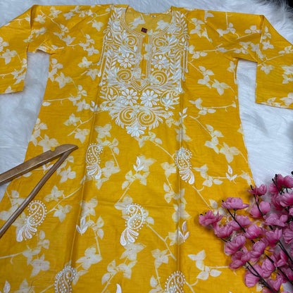 Mulmul Cotton Chikankari Machine Work Kurti - Yellow Colour